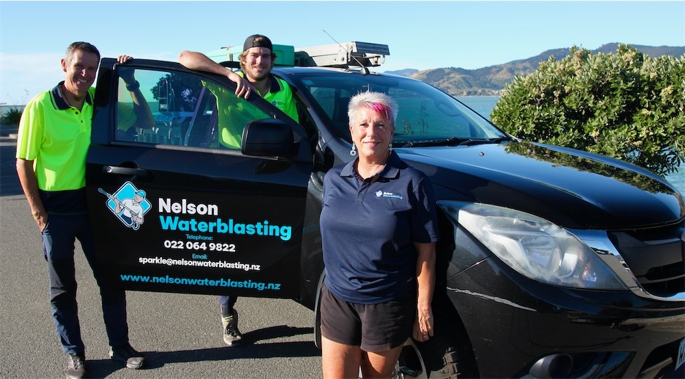 Nelson Waterblasting crew by their truck